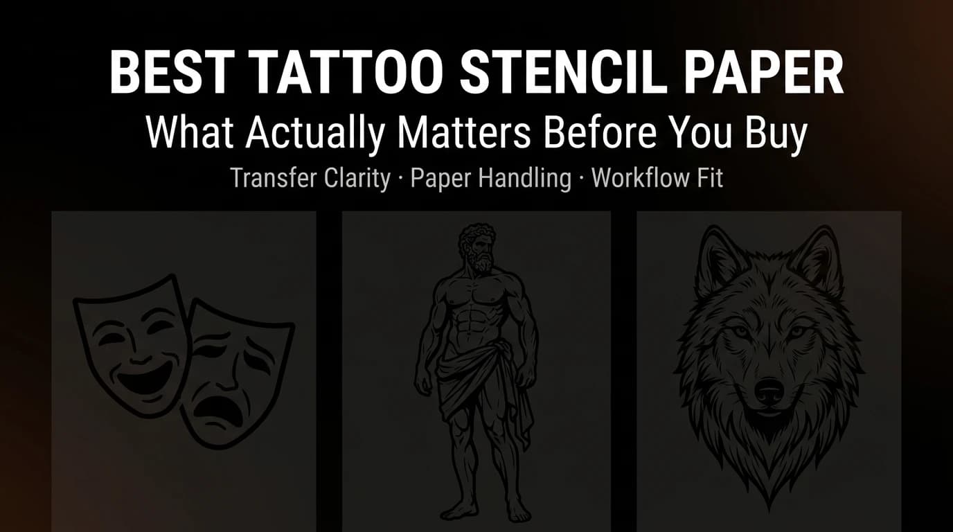 Theater masks, Hercules figure and wolf tattoo stencil collage - best tattoo stencil paper guide