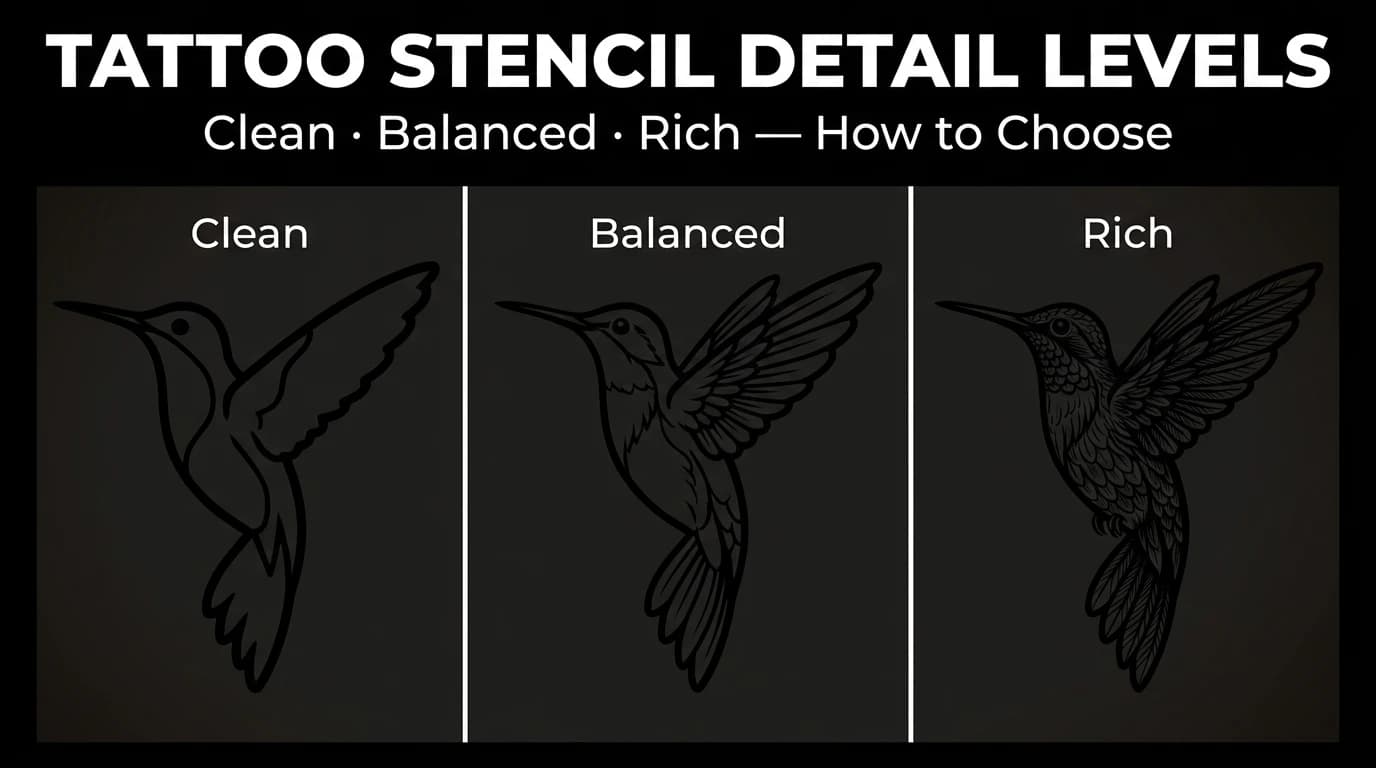 Clean, balanced and rich hummingbird stencil triptych - tattoo stencil detail levels explained