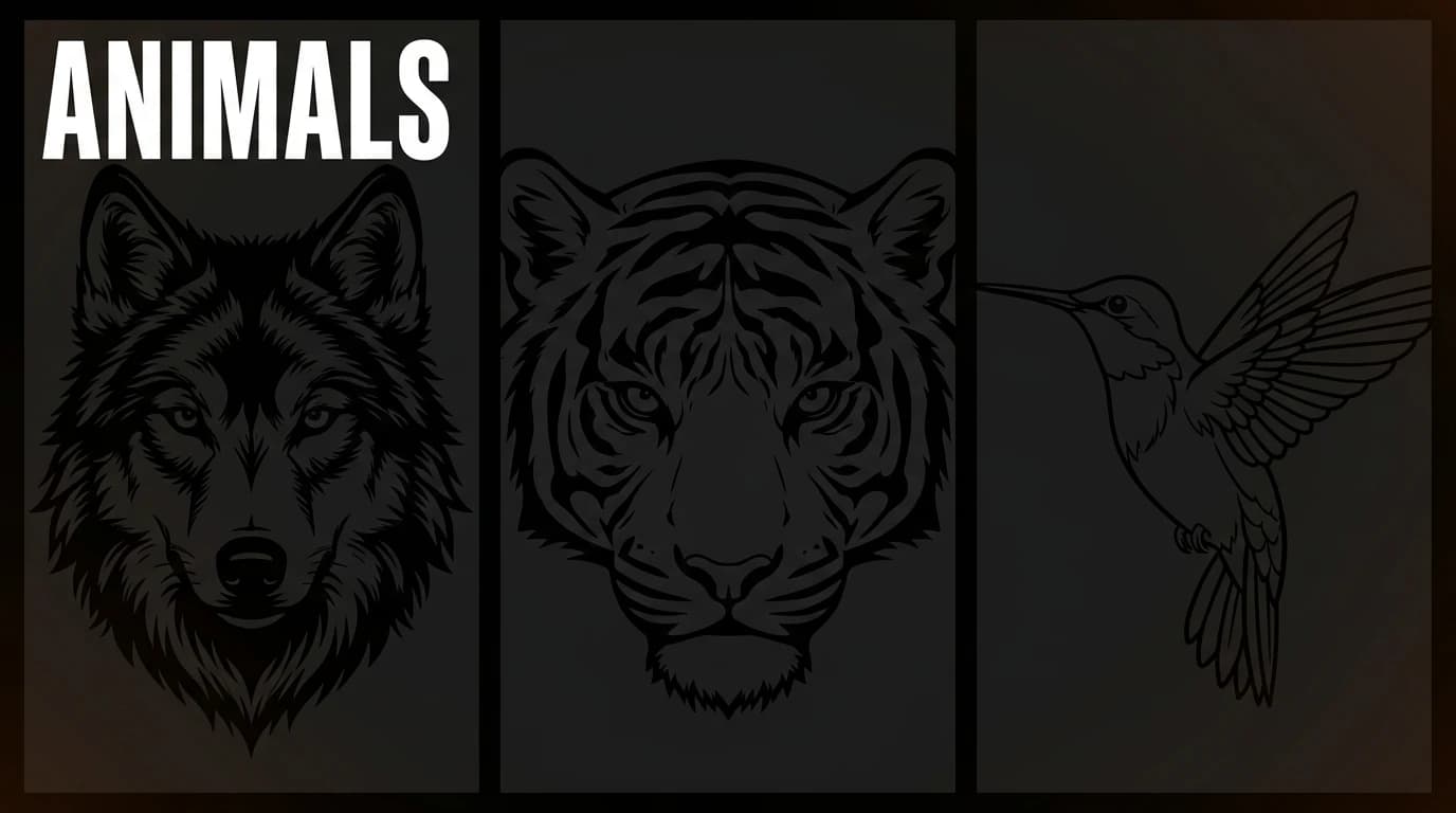 Animals tattoo stencil collection - wolf, tiger and hummingbird examples