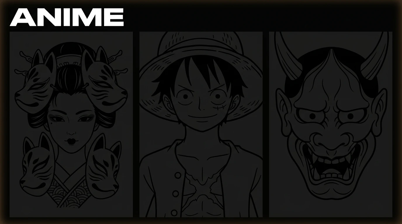 Anime tattoo stencil collection - geisha, Luffy and oni portrait examples