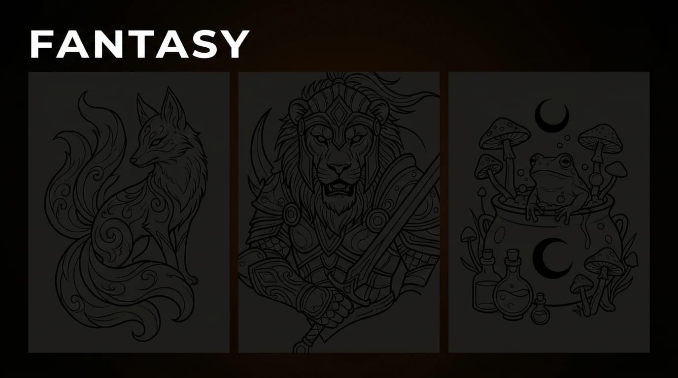 Fantasy tattoo stencil collection - kitsune, lion warrior and witchy scene examples