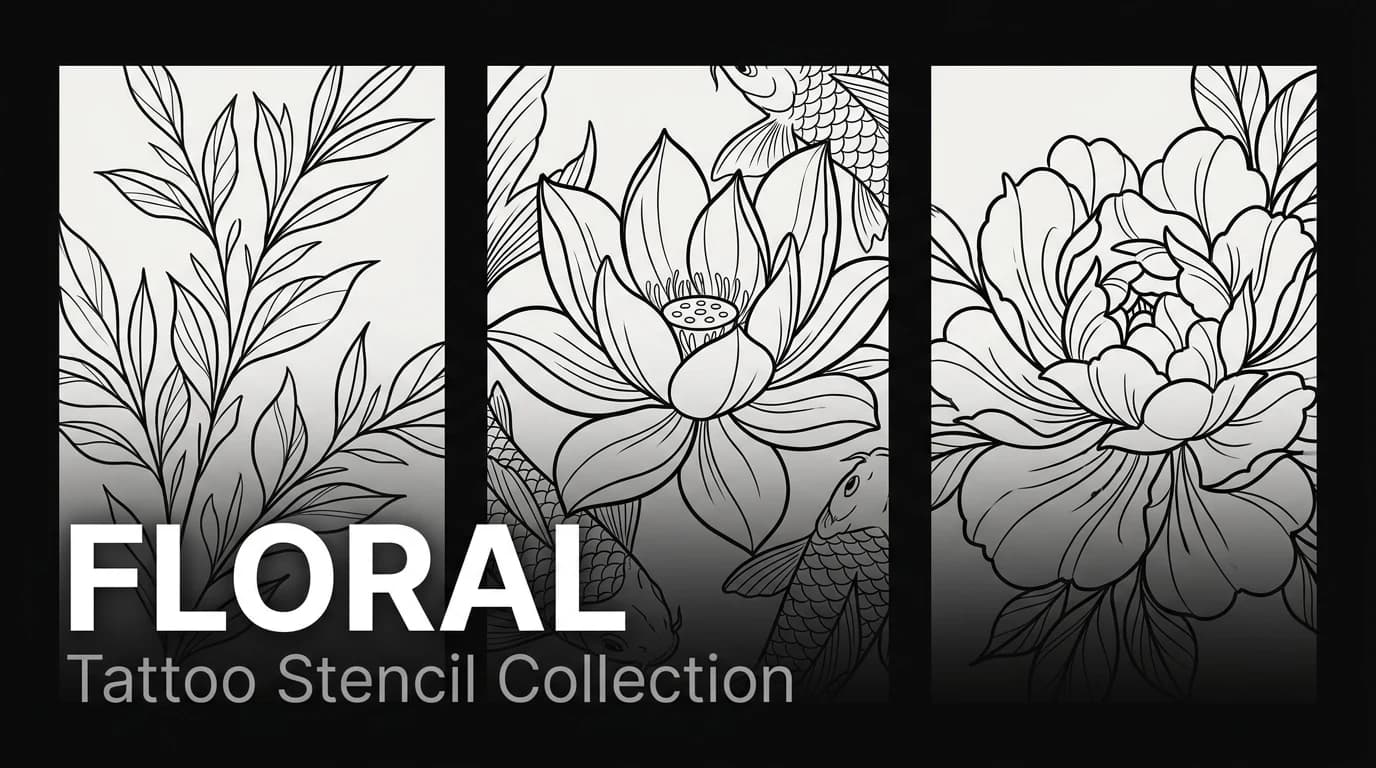 Floral tattoo stencil collection - lotus, botanical leaves and peony examples