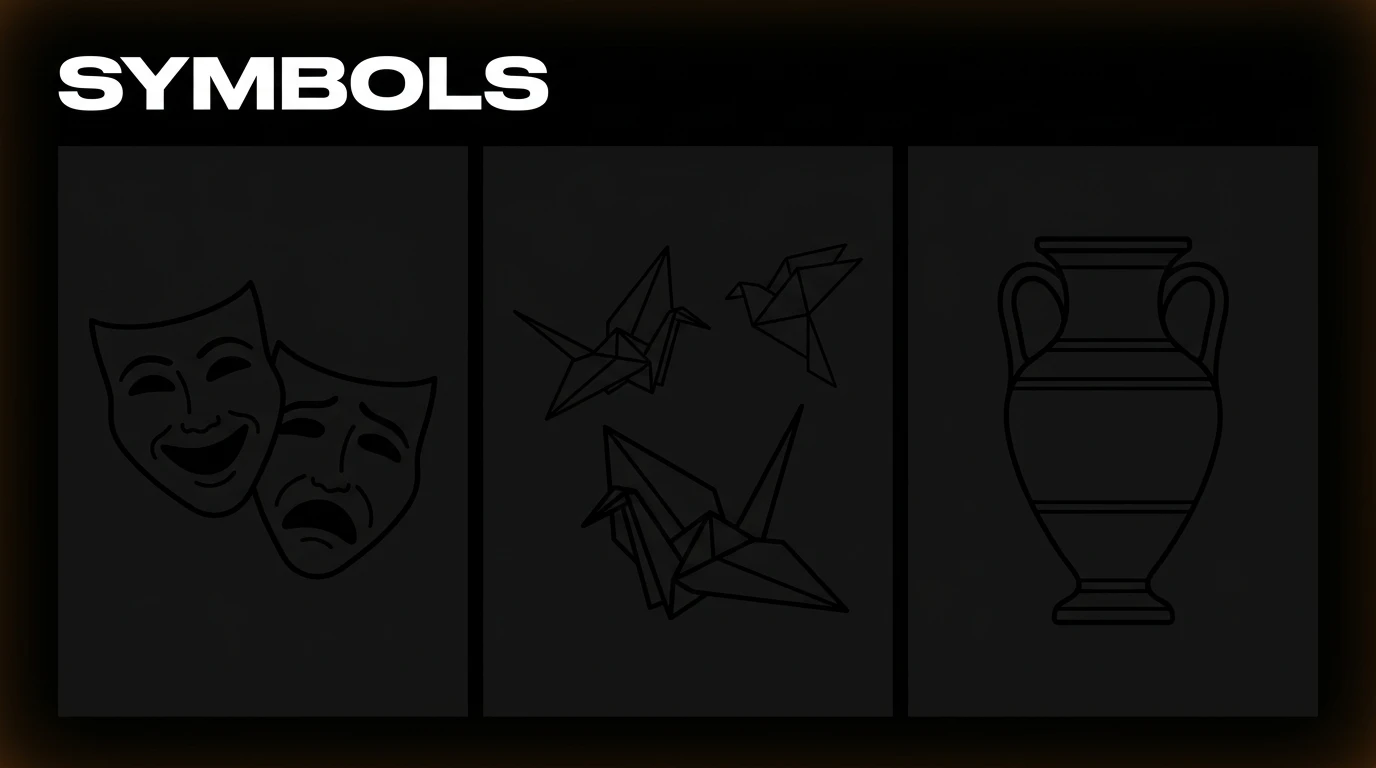 Symbols tattoo stencil collection - theater masks, origami birds and amphora examples