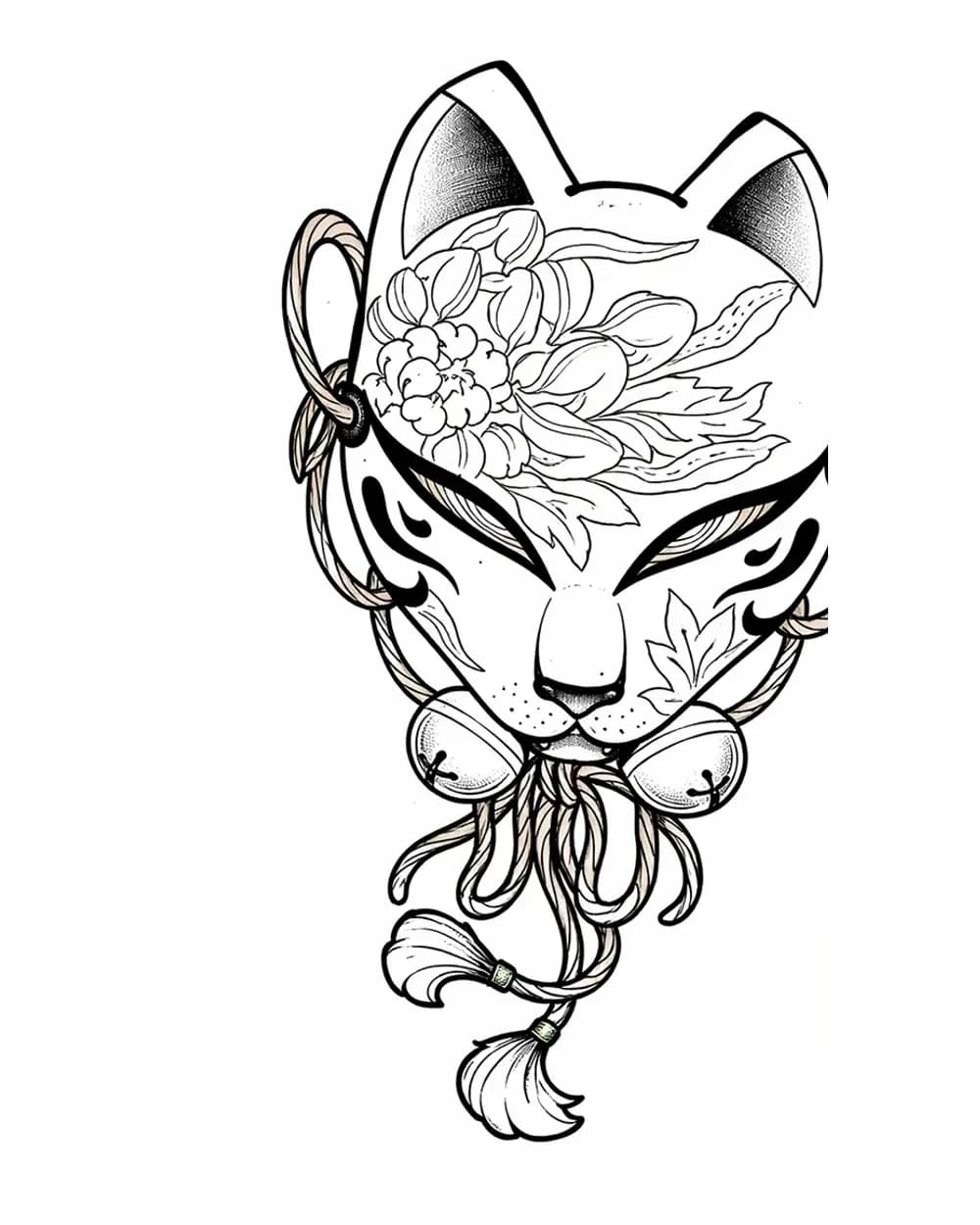 Floral kitsune mask tattoo stencil with fox ears, facial markings, flowers, and hanging ornament