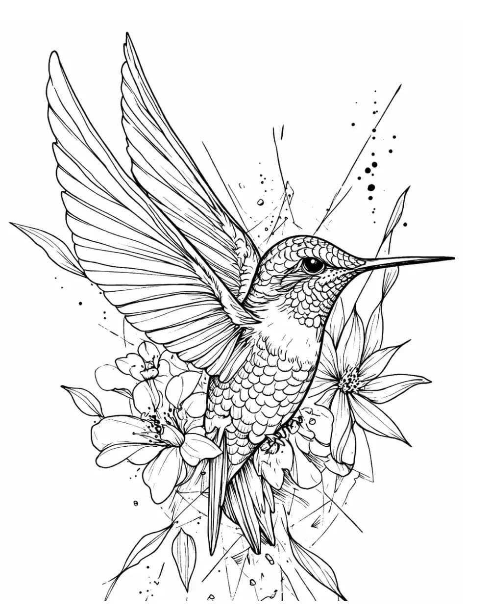 Fine-line hummingbird and floral tattoo stencil with delicate feather, petal, and contour detail