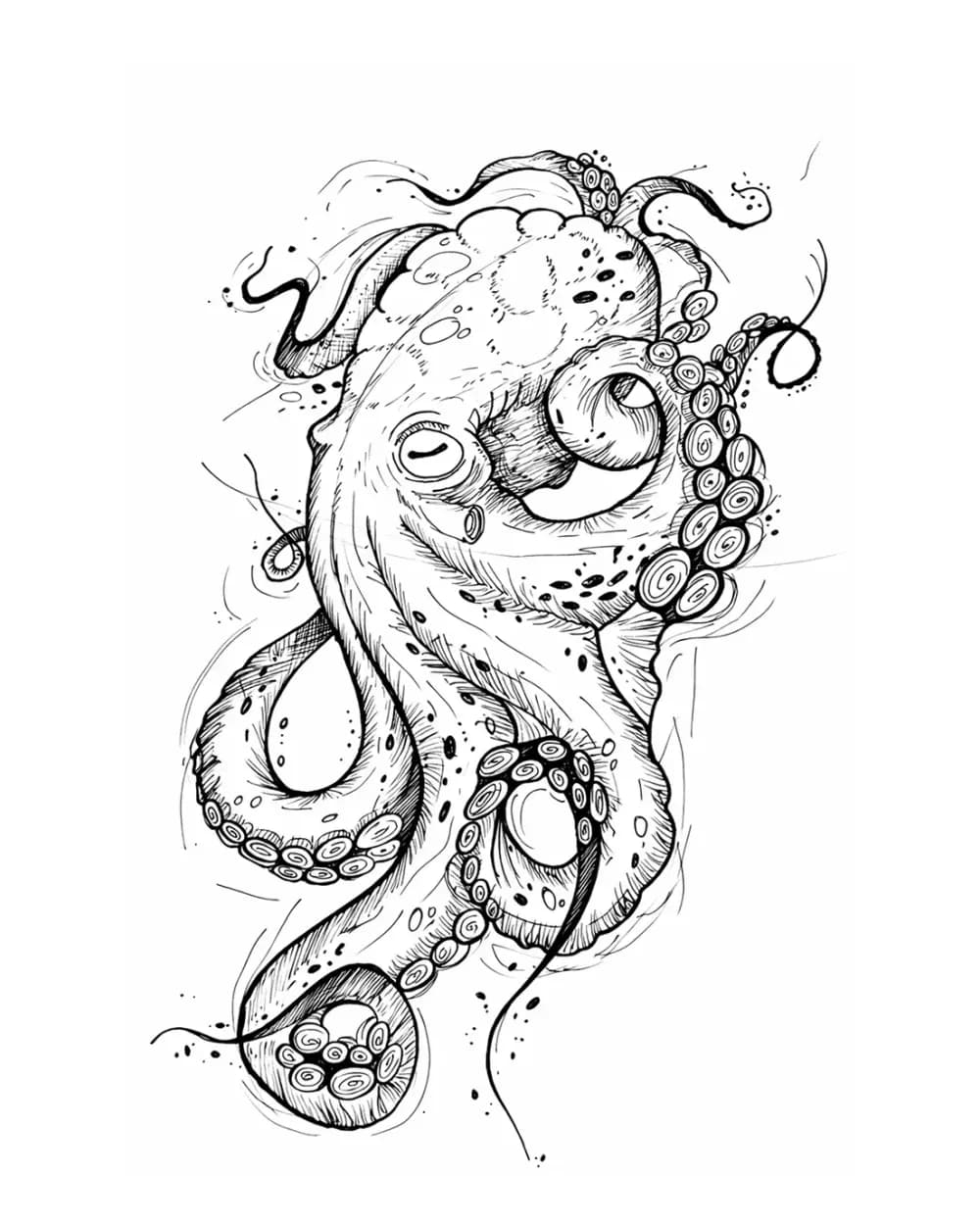 Animal tattoo stencil example featuring a vertical octopus composition