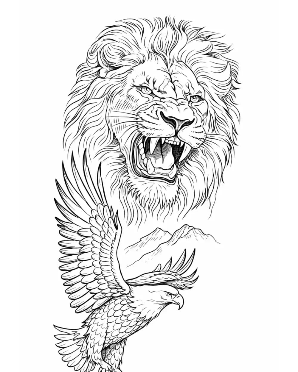Animal tattoo stencil example featuring a lion and eagle composition