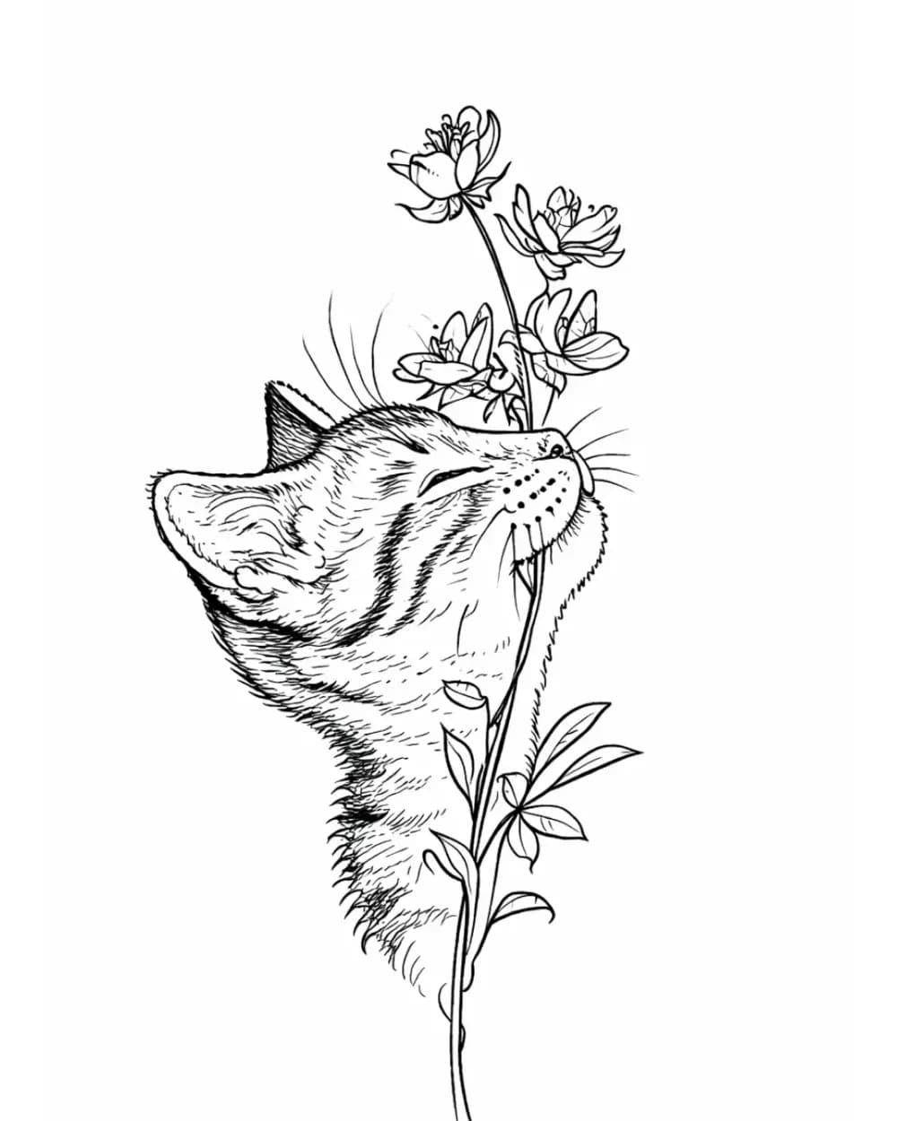 Cat tattoo stencil showing a side-profile head beside a flower stem