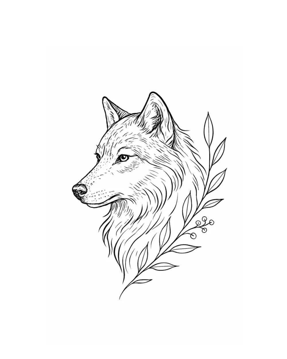 Animal tattoo stencil example featuring a wolf profile with botanical support