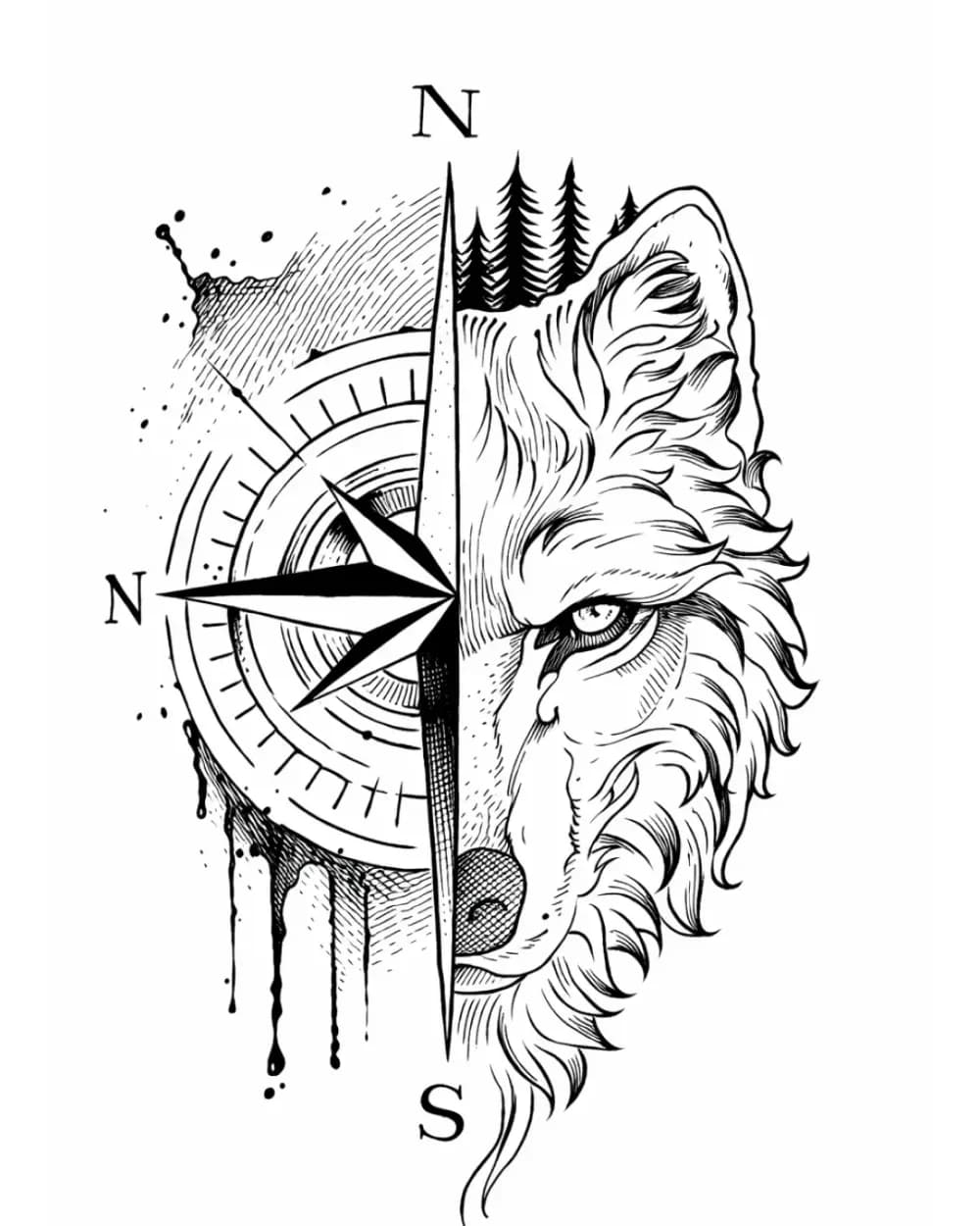 Animal tattoo stencil example featuring a wolf portrait with compass framing