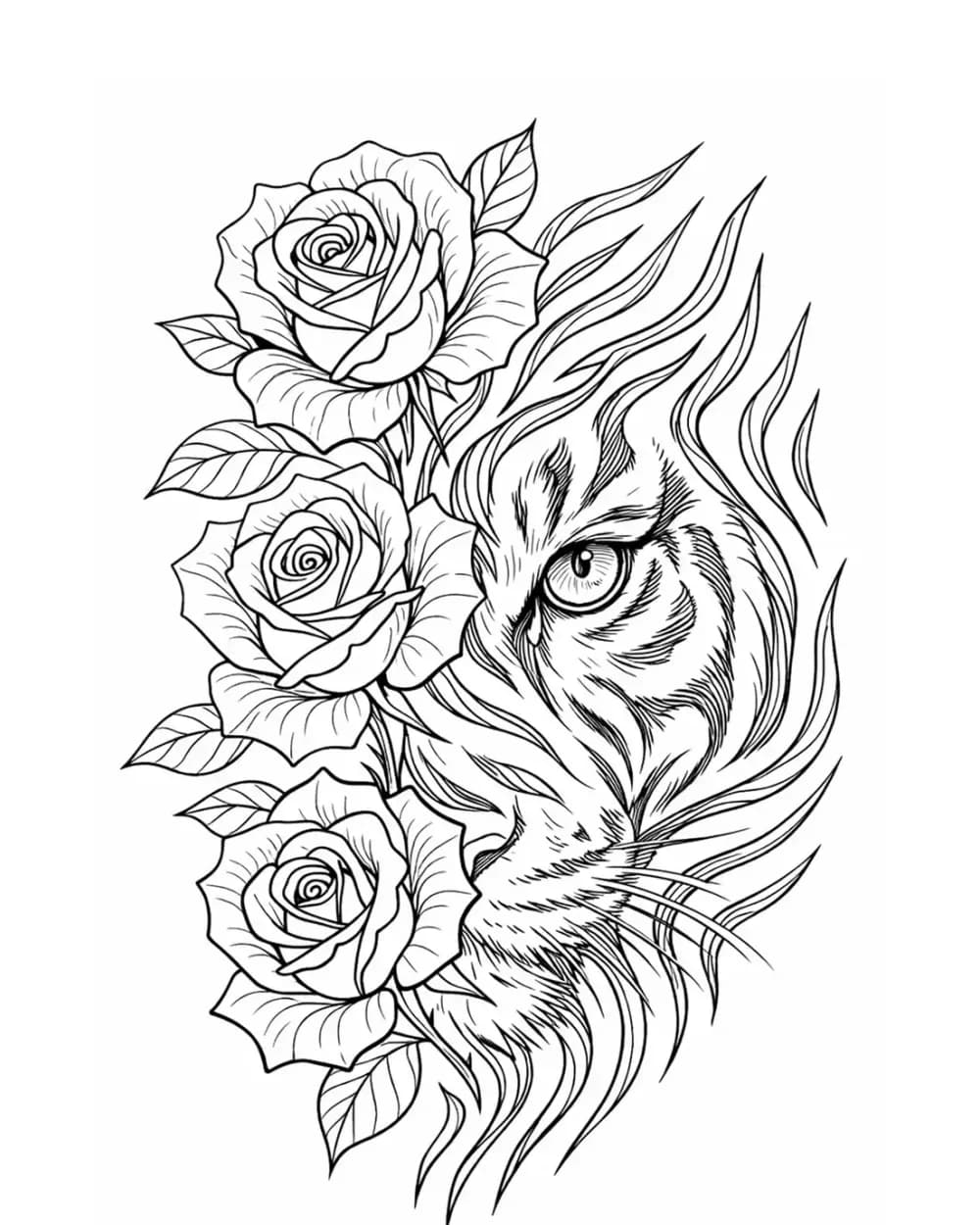 Animal tattoo stencil example featuring a tiger portrait framed by roses
