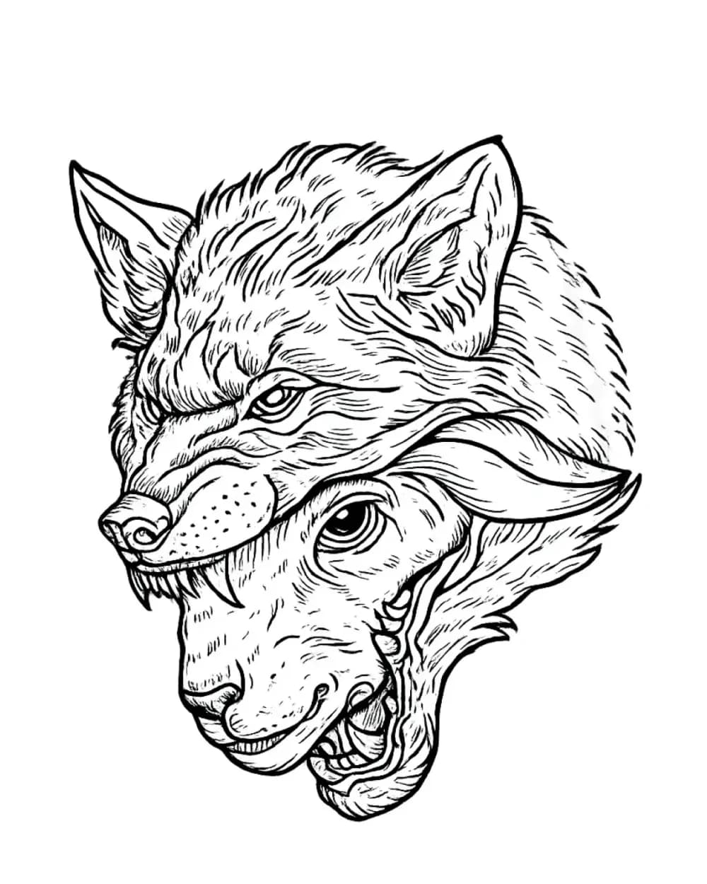 Animal tattoo stencil example featuring a wolf layered over a sheep portrait
