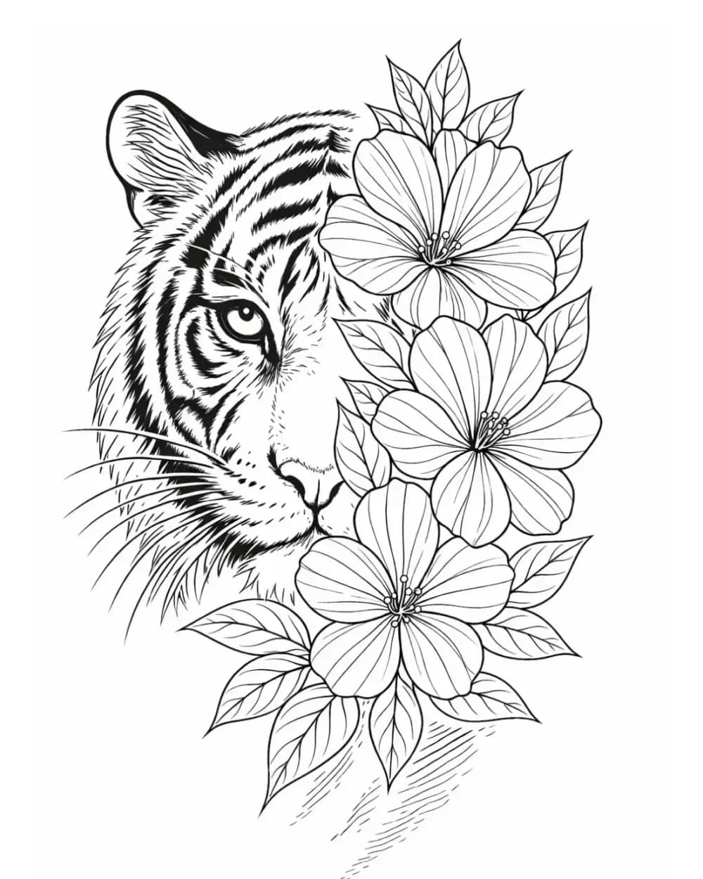 Animal tattoo stencil example featuring a tiger face with floral framing
