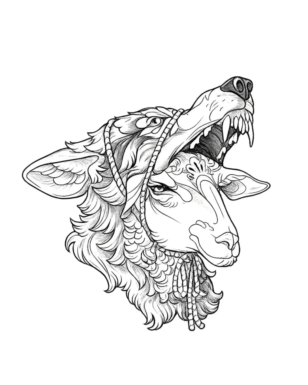 Animal tattoo stencil example featuring a wolf-and-sheep hybrid portrait
