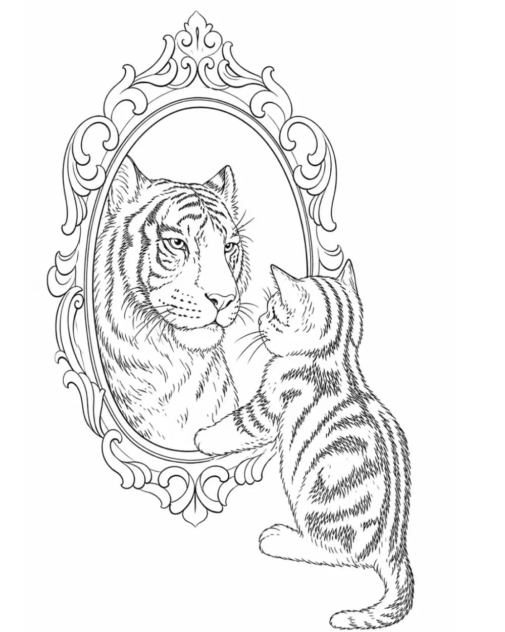 Animal tattoo stencil example featuring a vertical tiger-and-kitten mirror frame