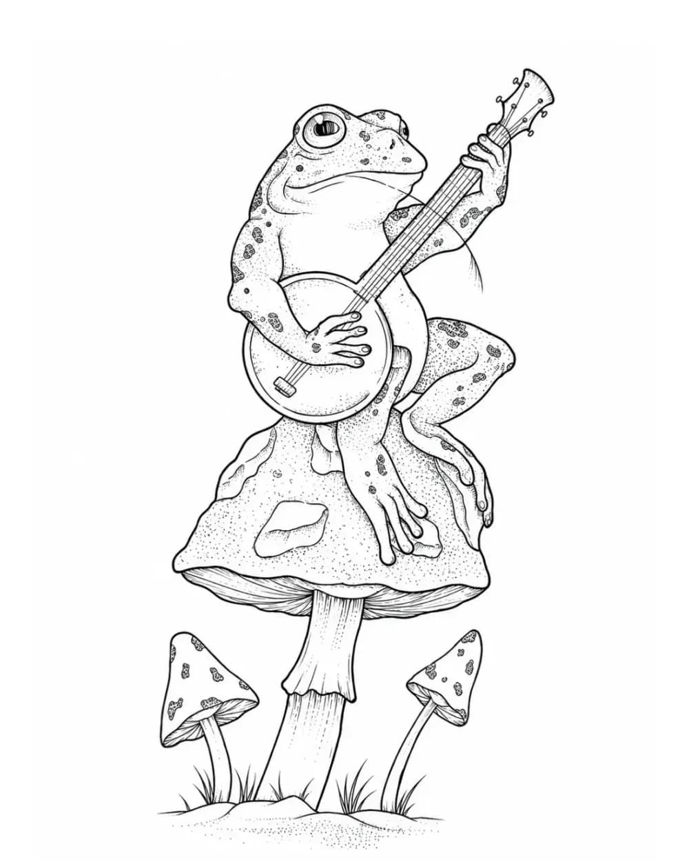 Frog on mushroom playing banjo tattoo stencil example