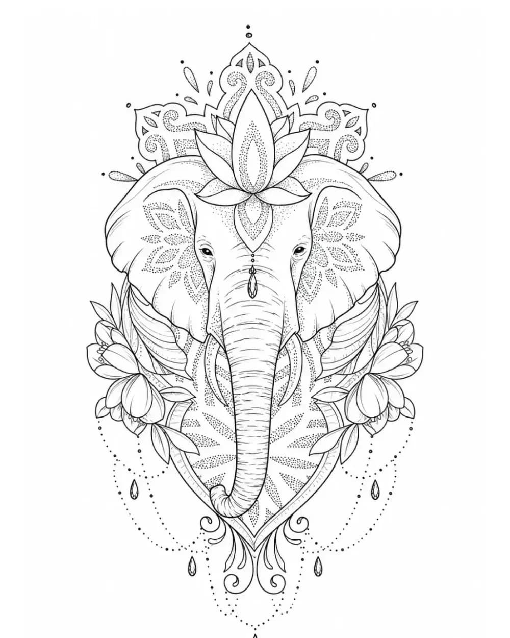 Elephant head tattoo stencil with lotus mandala ornament
