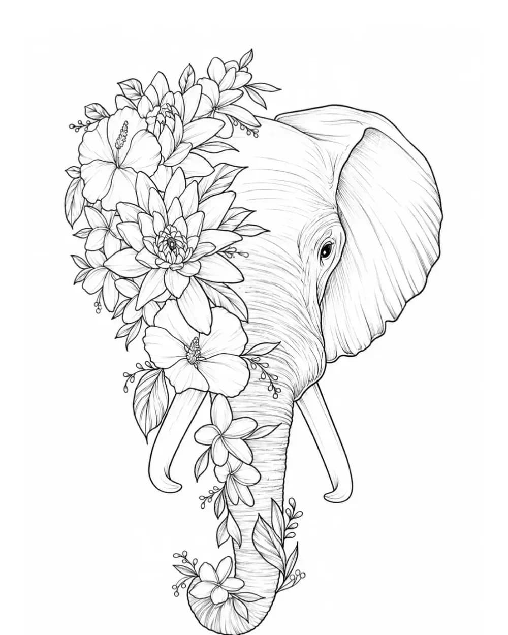 Floral half elephant portrait tattoo stencil example