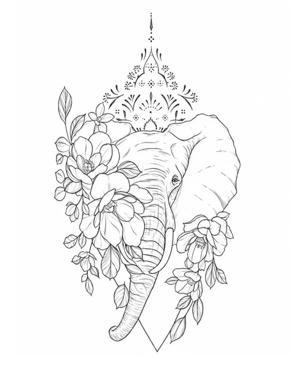Elephant with mandala crown and florals tattoo stencil example