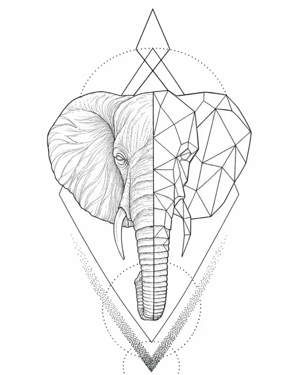 Split realistic and polygon elephant tattoo stencil example