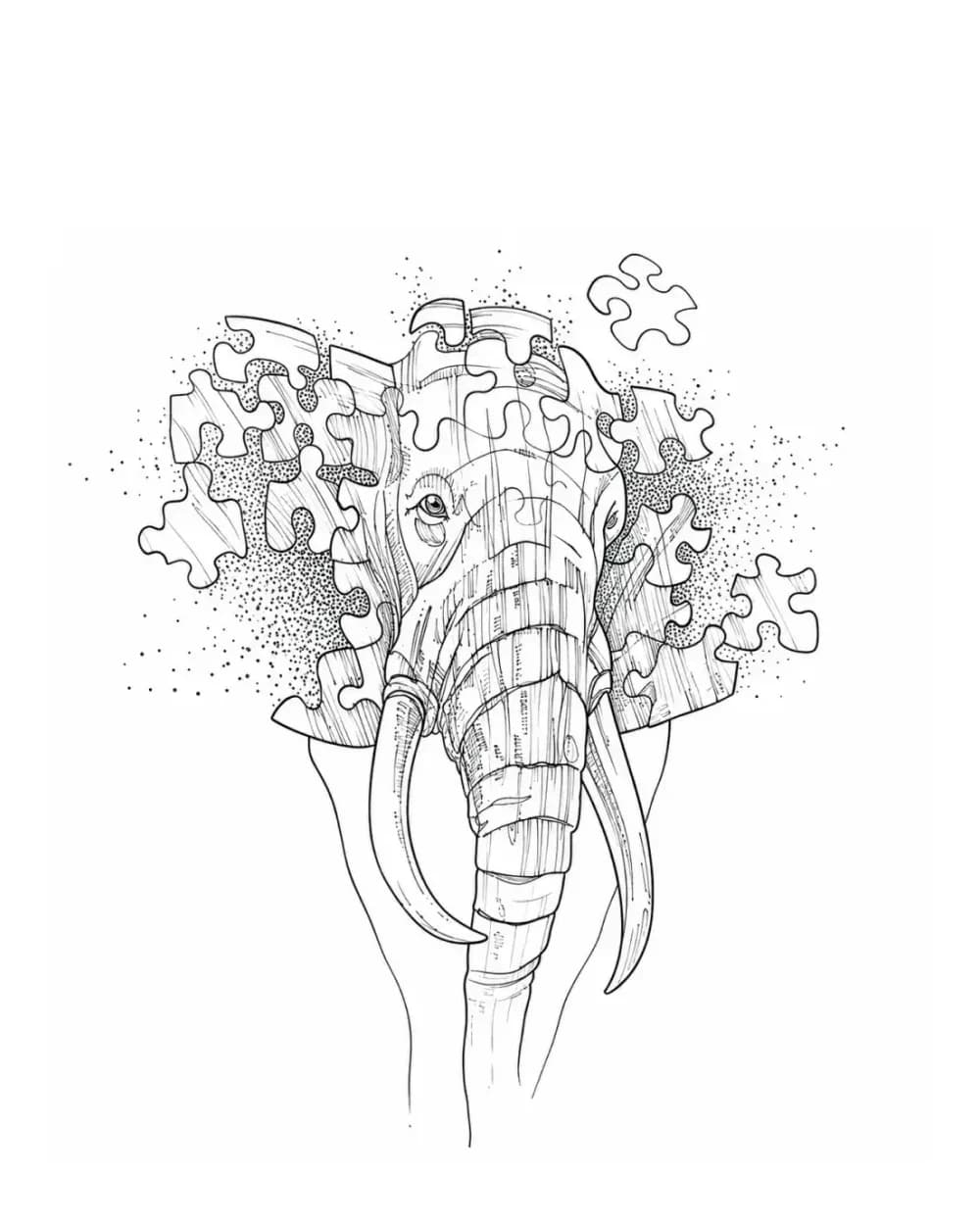 Elephant with puzzle-piece crown tattoo stencil example
