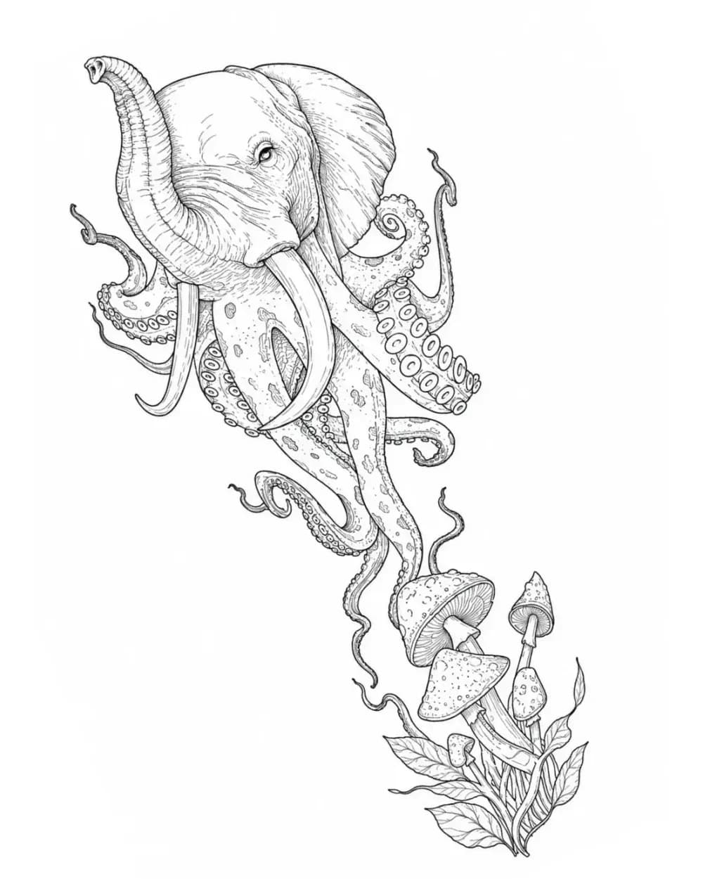 Elephant-octopus hybrid over mushrooms tattoo stencil example