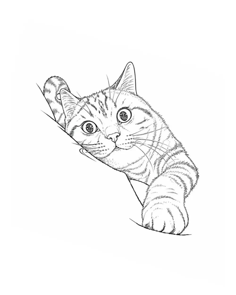 Tabby cat peeking over diagonal ledge tattoo stencil example