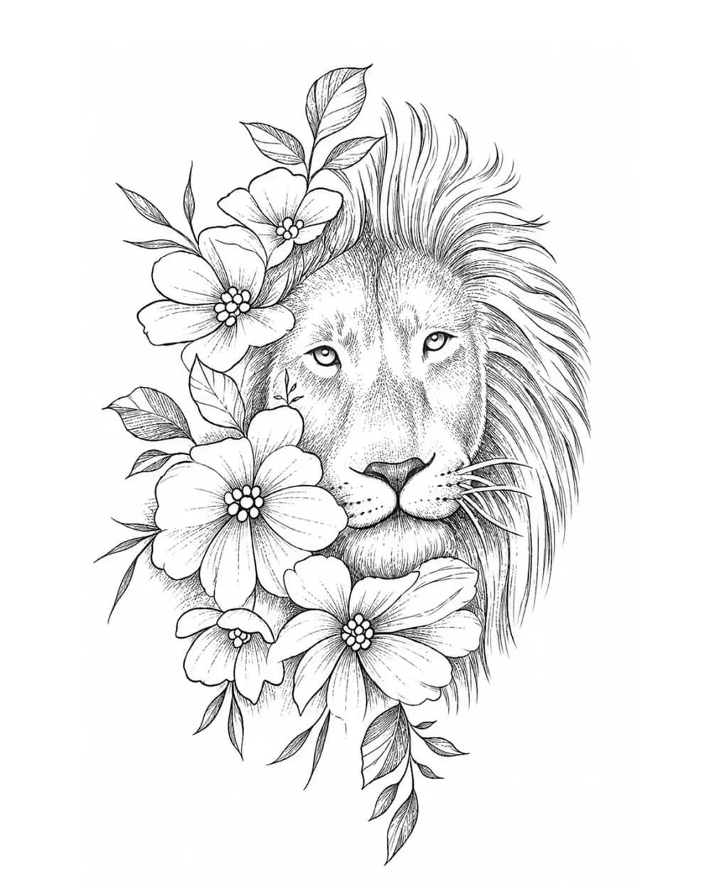 lion with flowers tattoo stencil example