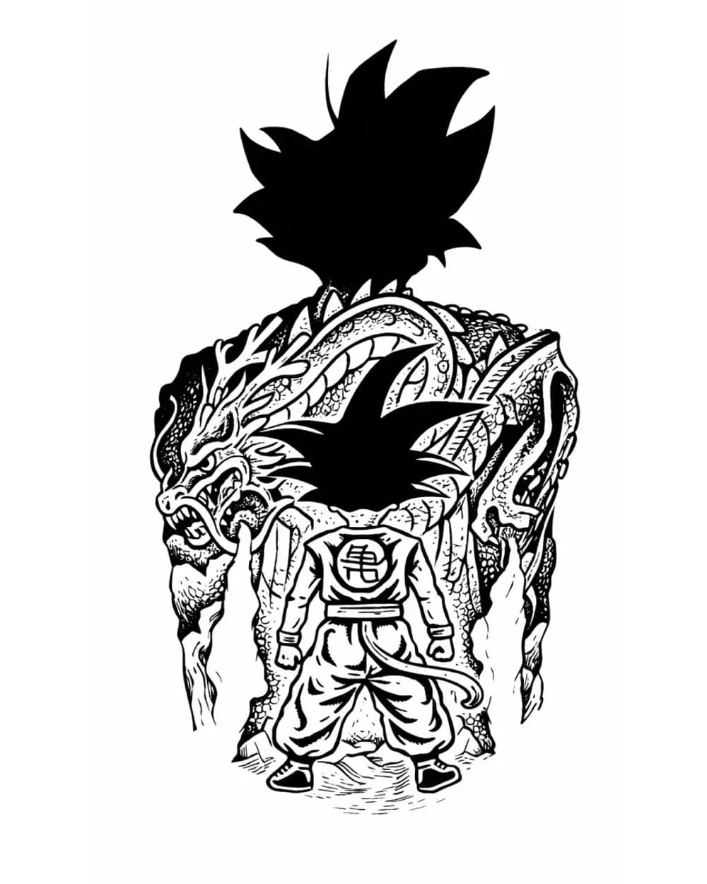 Fantasy tattoo stencil example featuring a character and dragon composition