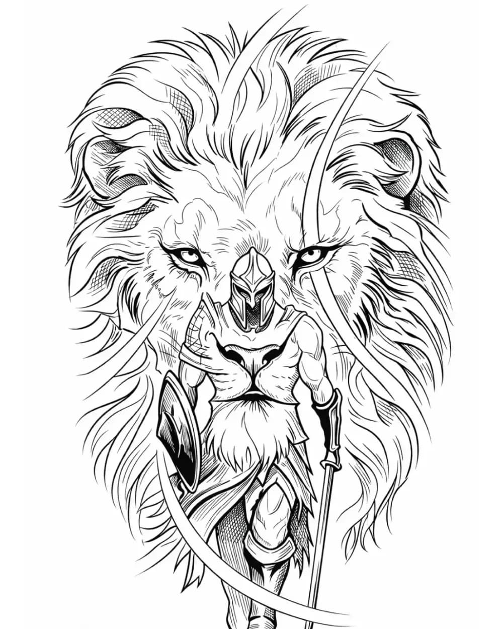 Fantasy tattoo stencil example featuring a lion warrior hybrid