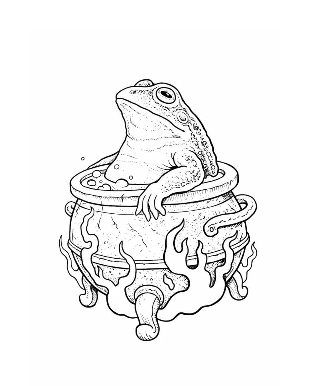 Fantasy tattoo stencil example featuring a frog in a cauldron