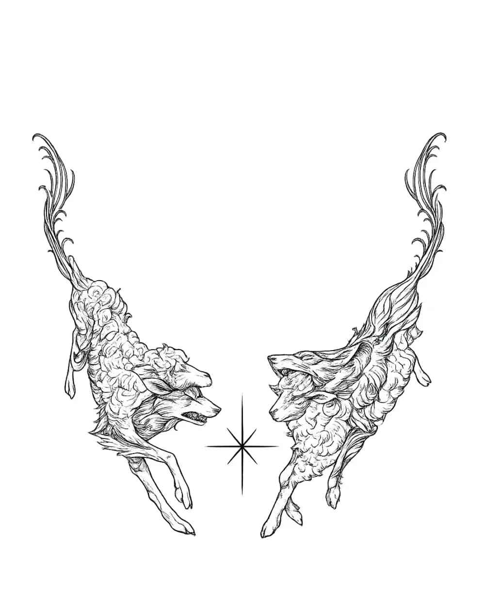 Fantasy tattoo stencil example featuring a mirrored pair of winged deer