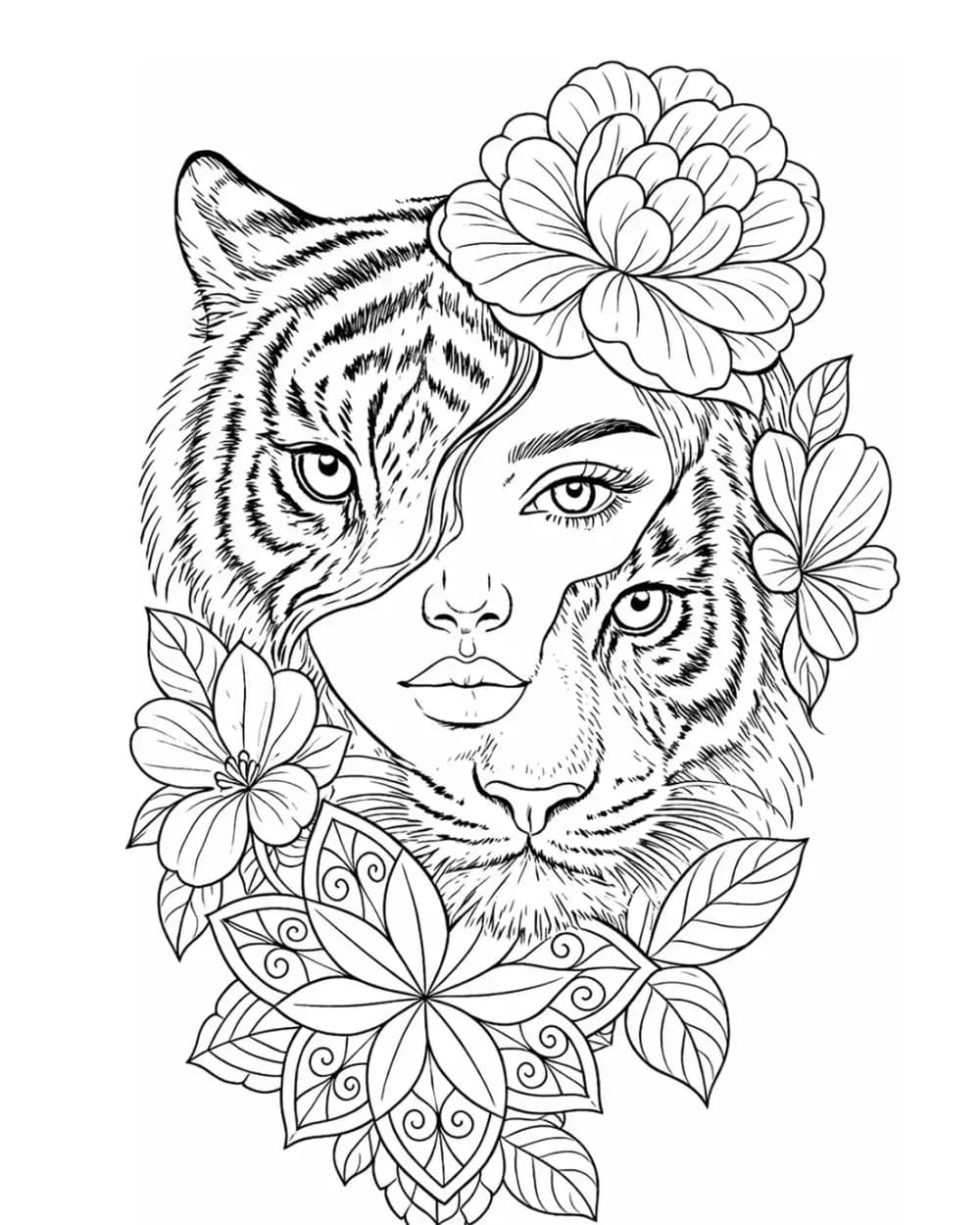 Woman and tiger split floral portrait tattoo stencil example