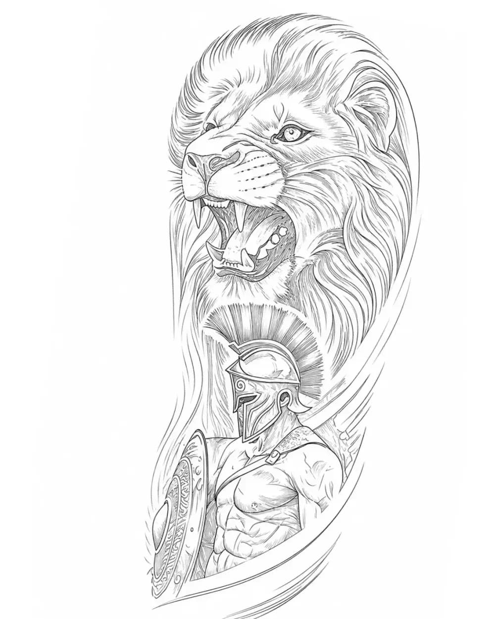 Roaring lion over Spartan warrior tattoo stencil example