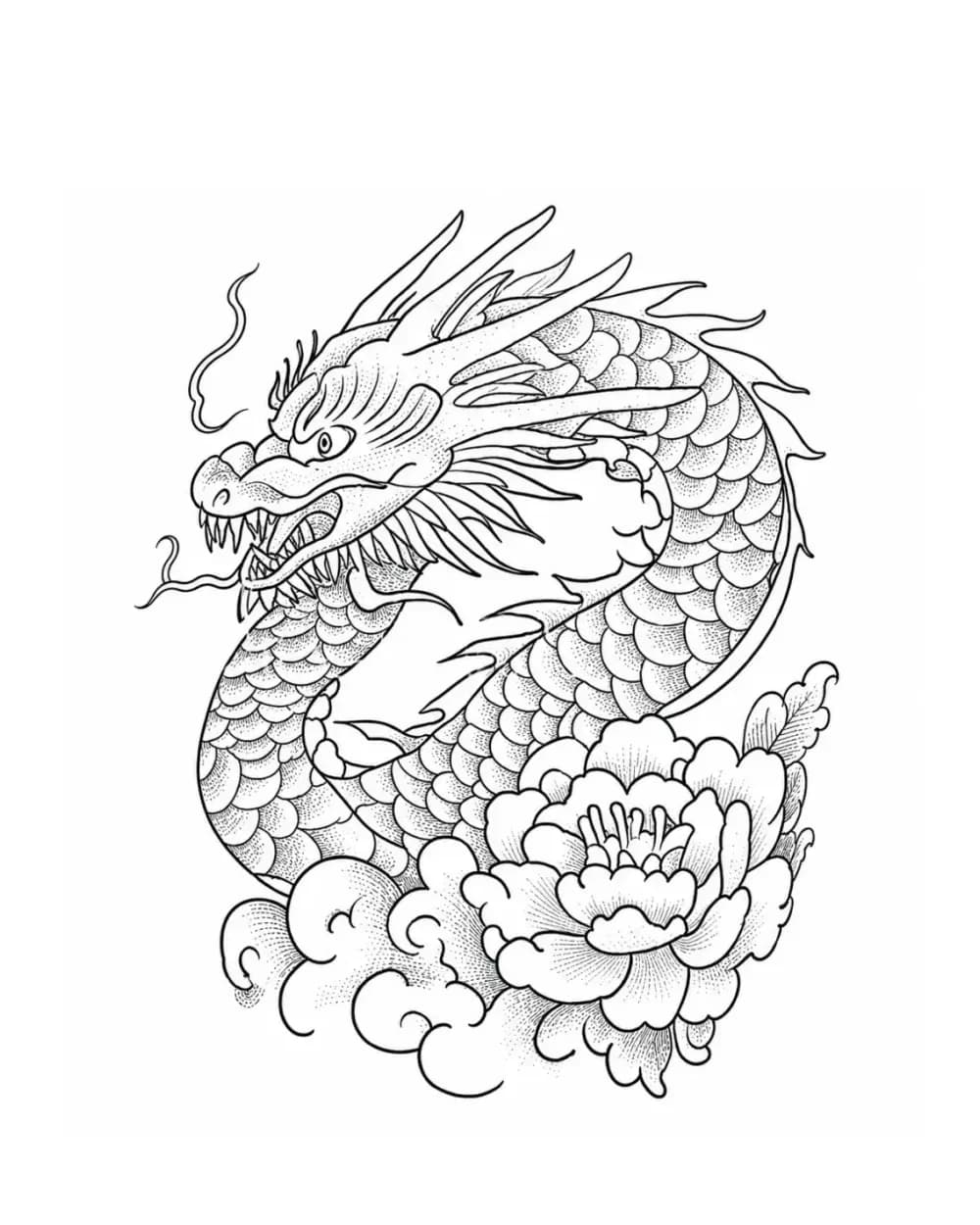 dragon with peony tattoo stencil example