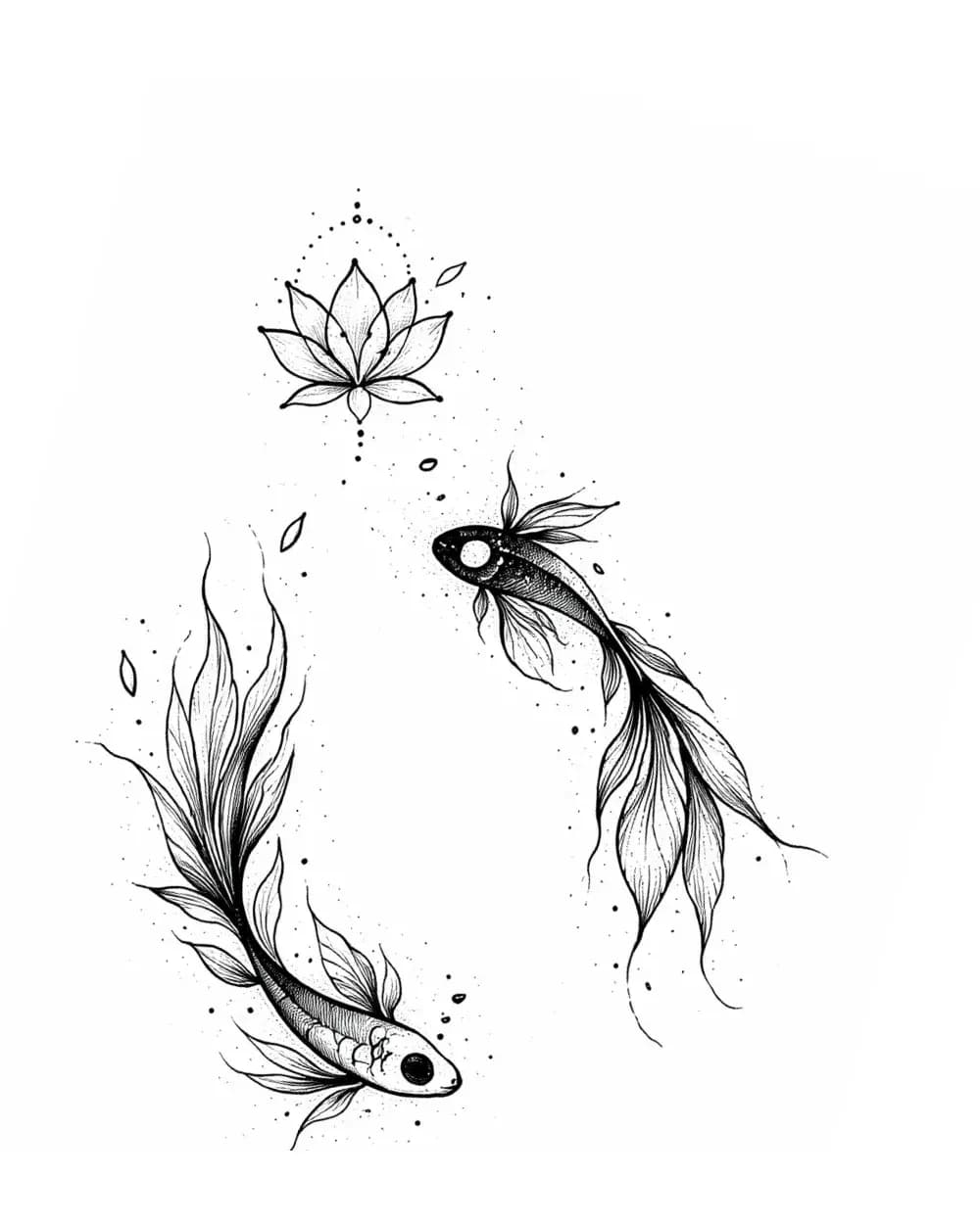 Fine-line lotus and fish tattoo stencil with flowing vertical contours and restrained interior detail