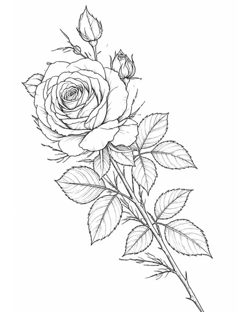 Single long-stem rose tattoo stencil with detailed petals and leaves