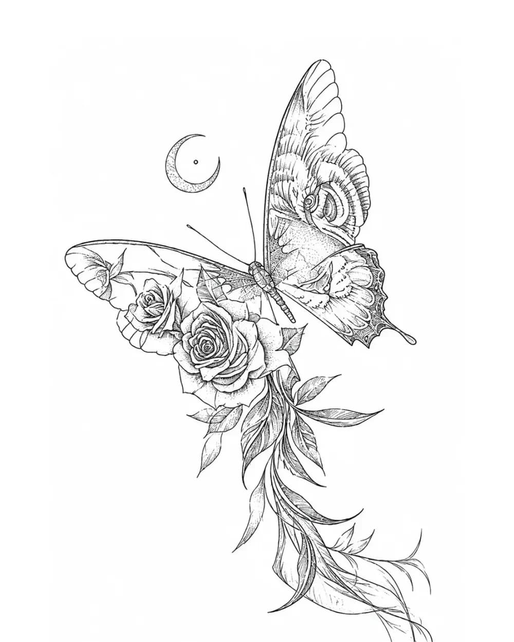 Butterfly and roses tattoo stencil with crescent moon and trailing leaves