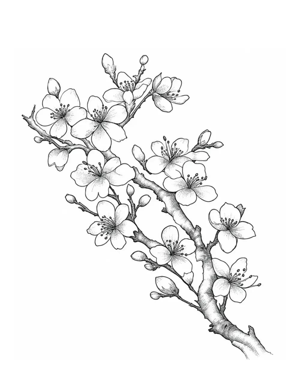 Fine-line cherry blossom tattoo stencil with delicate contours and generous negative space