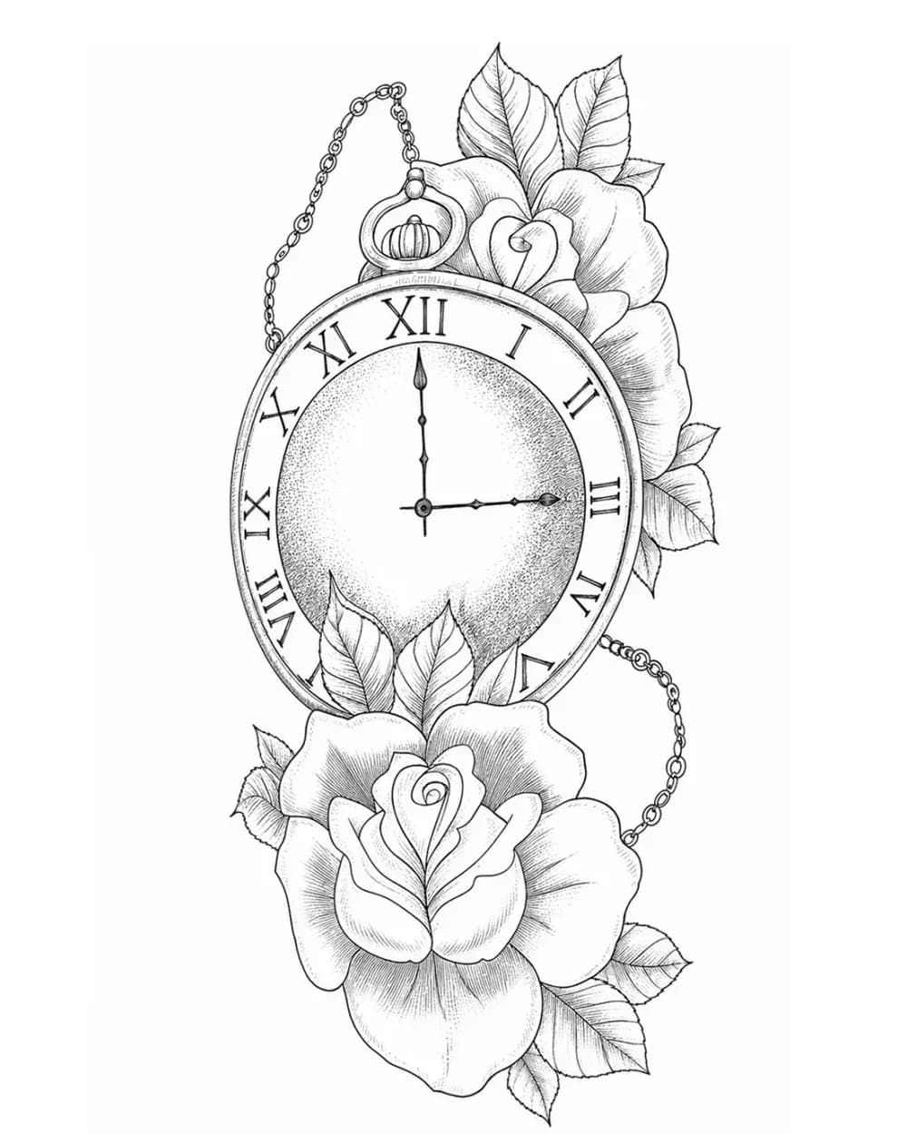 Pocket watch and rose tattoo stencil with leaves and chain
