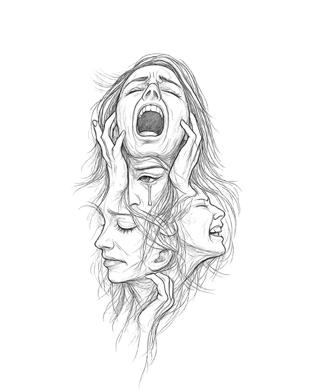 Fine-line stacked expressive face tattoo stencil with sketch-led contours and open negative space