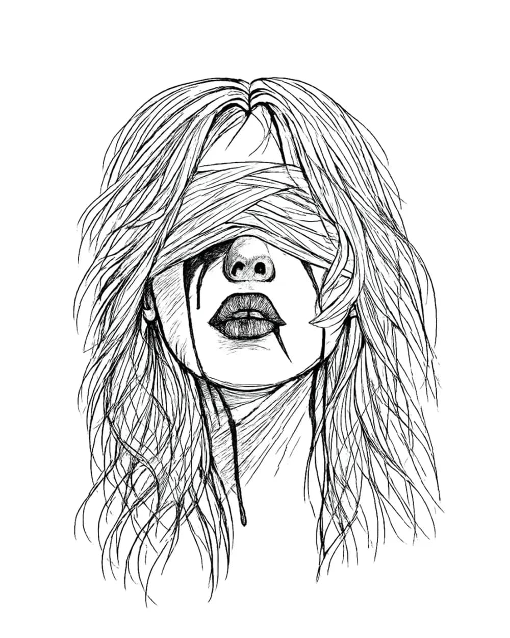 Fine-line blindfolded portrait tattoo stencil with delicate hair, fabric, facial, and drip contours