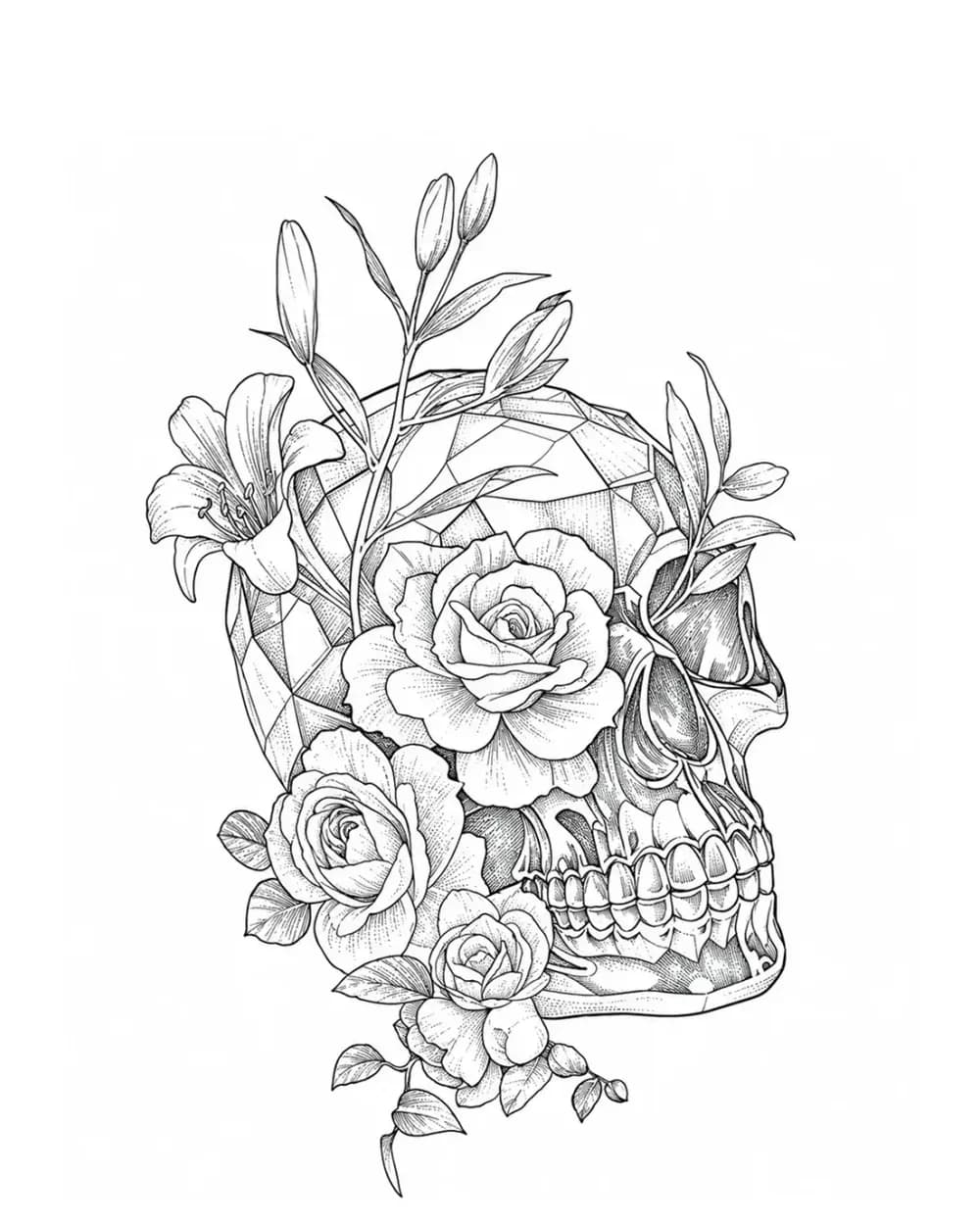 Skull and roses tattoo stencil with floral framing around the skull