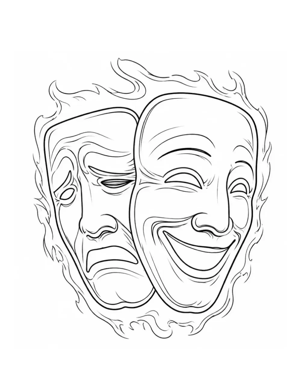 Theater masks in flame border tattoo stencil example