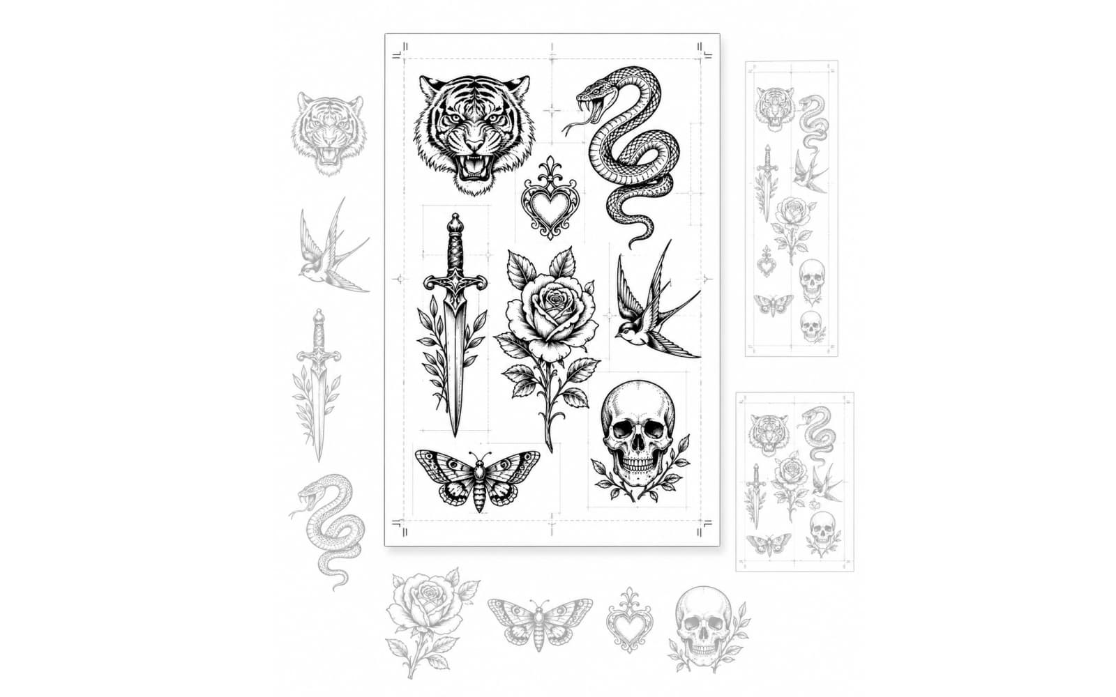 Tattoo flash sheet maker arranging finished tattoo designs into a printable layout