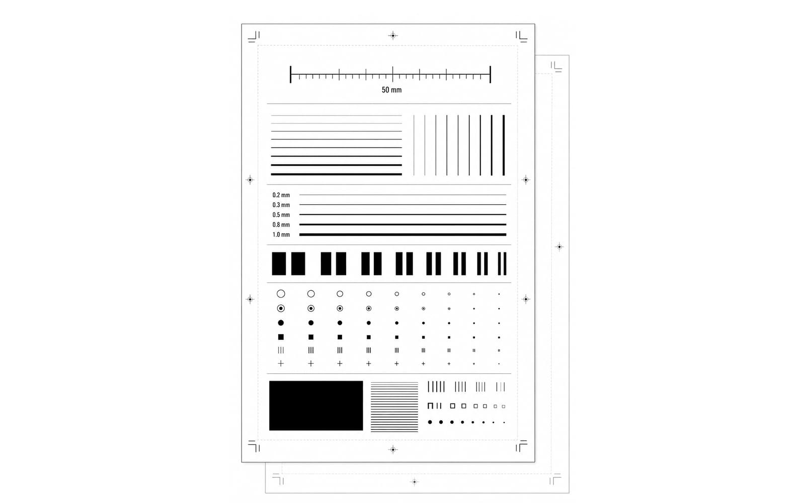 Tattoo stencil printer test sheet with calibration and diagnostic print patterns