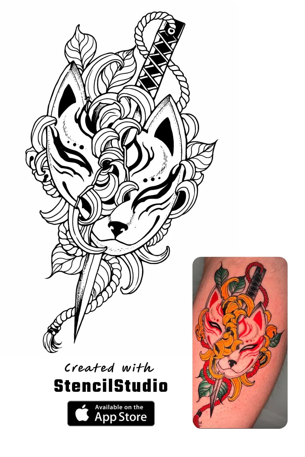 kitsune masks tattoo stencil example