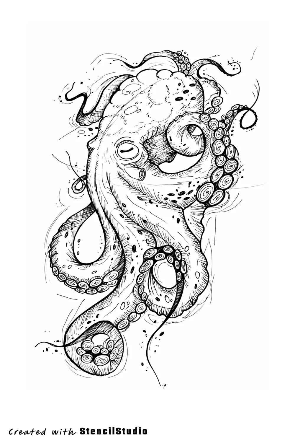 Animal tattoo stencil example featuring a vertical octopus composition