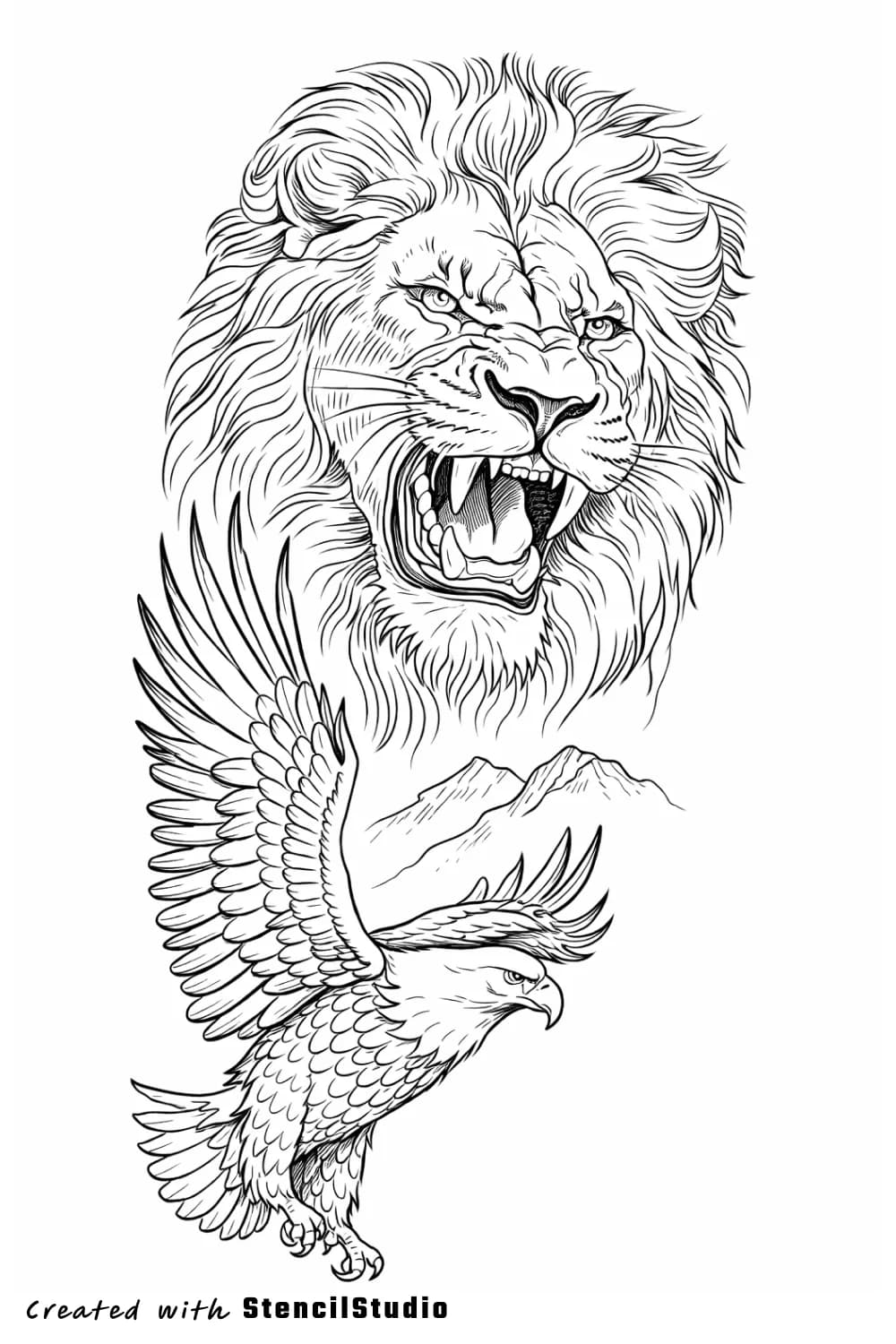 Animal tattoo stencil example featuring a lion and eagle composition