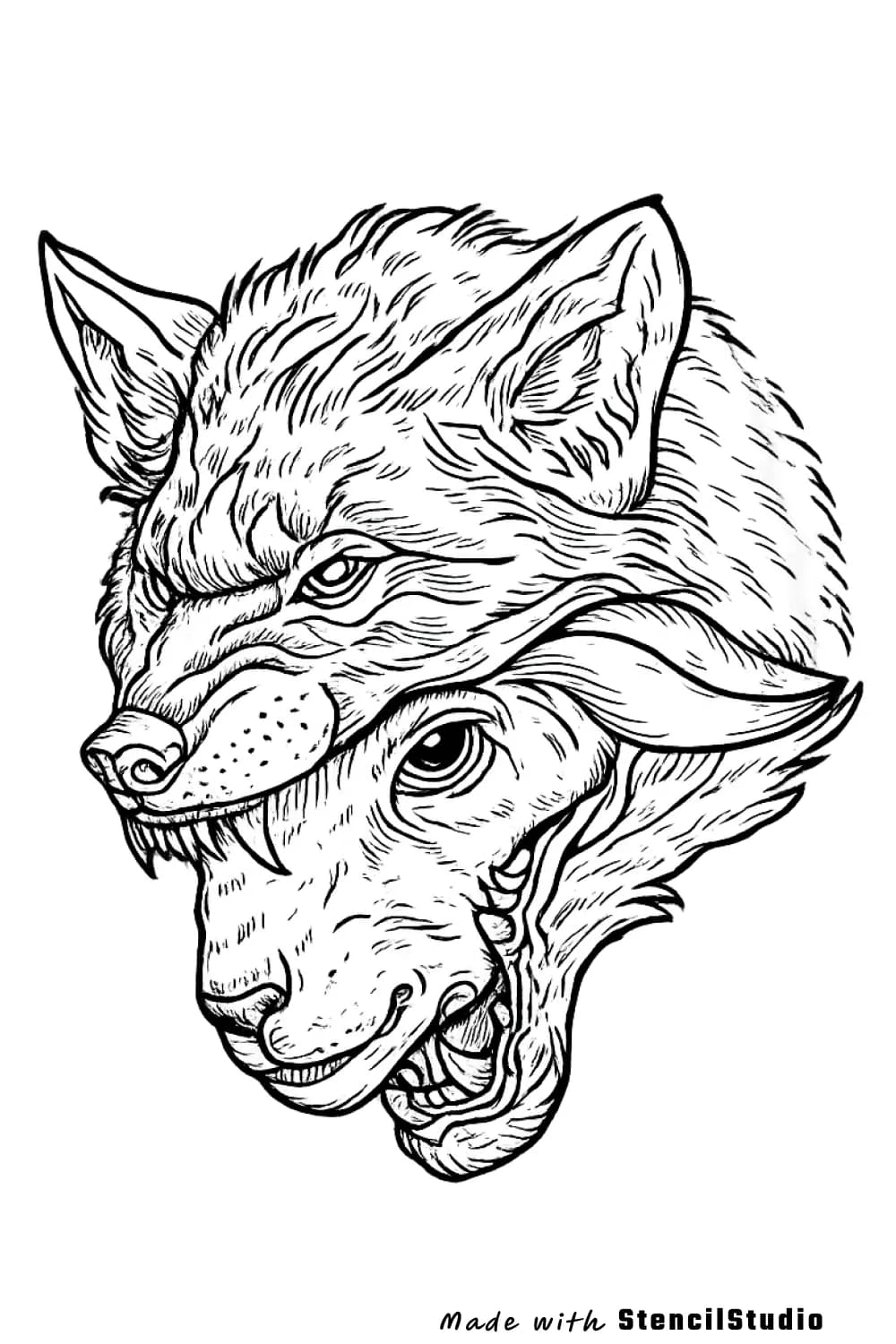 Animal tattoo stencil example featuring a wolf layered over a sheep portrait